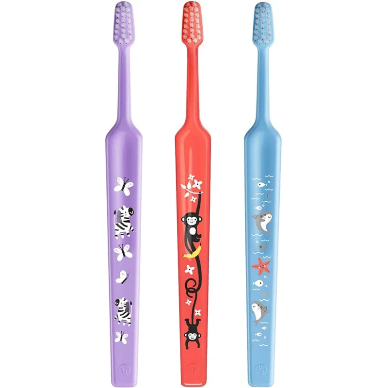 TePe Mini Extra Soft 0-6 Years Toothbrush Παιδική Οδοντόβουρτσα με Κωνική Κεφαλή & Πολύ Μαλακές Αποστρογγυλεμένες Ίνες, 3 Τεμάχια - Λιλά / Κοραλί / Γαλάζιο