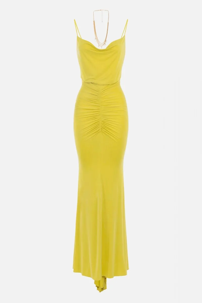 ELISABETTA FRANCHI RED CARPET ΦΟΡΕΜΑ ΜΑΧΙ ΝΤΡΑΠΕ ΑΝΟΙΧΤΗ ΠΛΑΤΗ ΑΛΥΣΙΔΑ LOGO ΠΡΑΣΙΝΟ