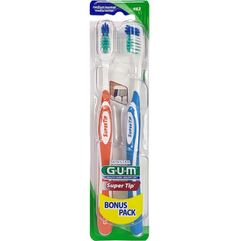 Gum Sunstar Super Tip Bonus Pack Medium / Normal Toothbrush Χειροκίνητη Οδοντόβουρτσα Μέτρια 2 Τεμάχια, Κωδ 463 - Πορτοκαλί / Γαλάζιο
