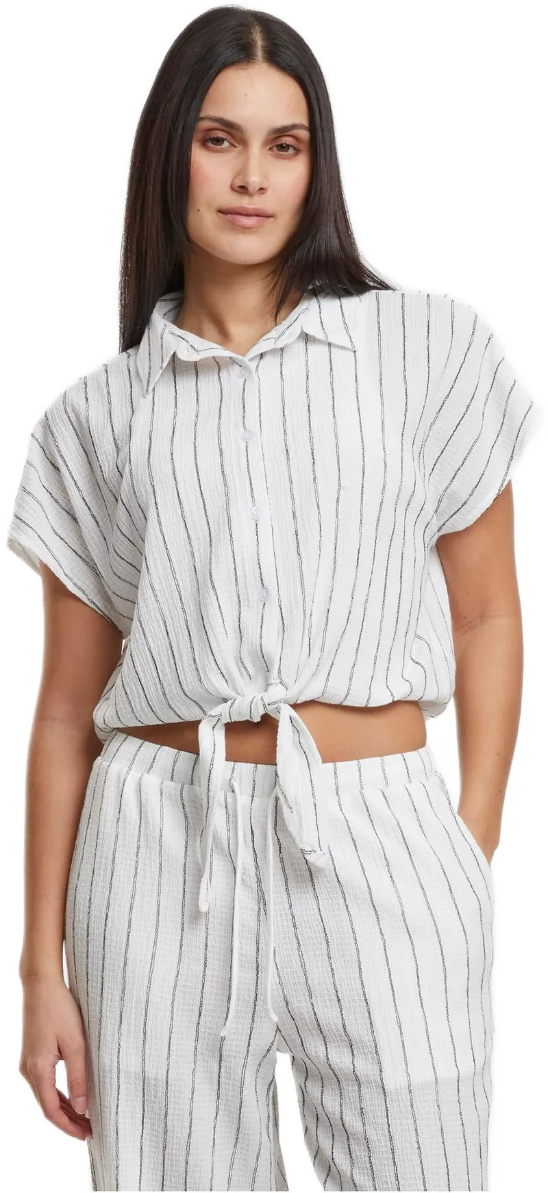 Ladies Structured Striped Tied Blouse Urban Classics TB7474-04577 offwhite/black