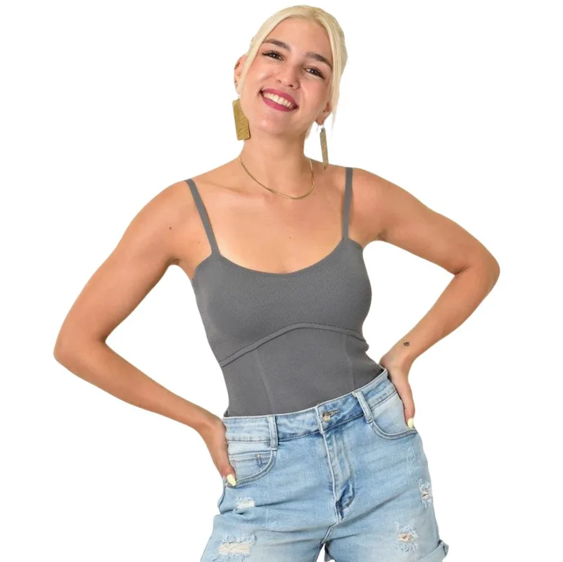 Crop top πλεκτό με λεπτές τιράντες Γκρι 25187