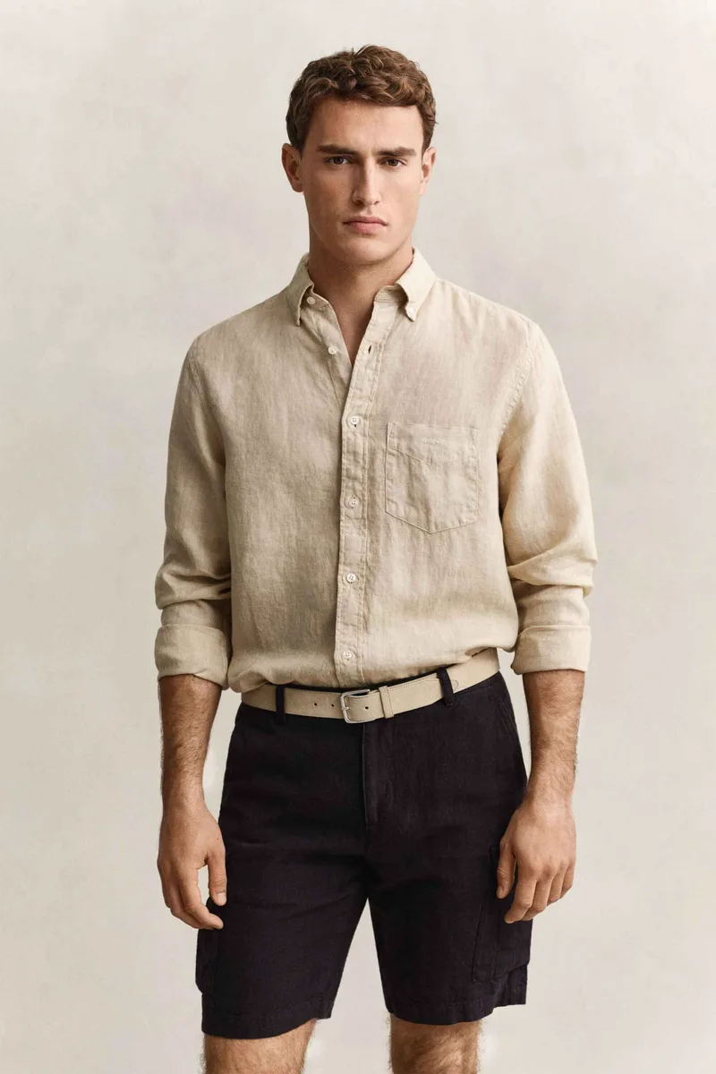 Gant ανδρικό λινό πουκάμισο button down με τσέπη και κεντημένο λογότυπο Regular Fit - 3240120 Μπεζ
