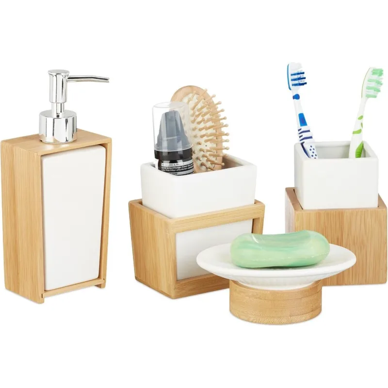 Σετ Αξεσουάρ Μπάνιου Relaxdays Bathroom Accessories 4 Τεμαχίων από Κεραμικό & Μπαμπού - White / Natural (10022205)
