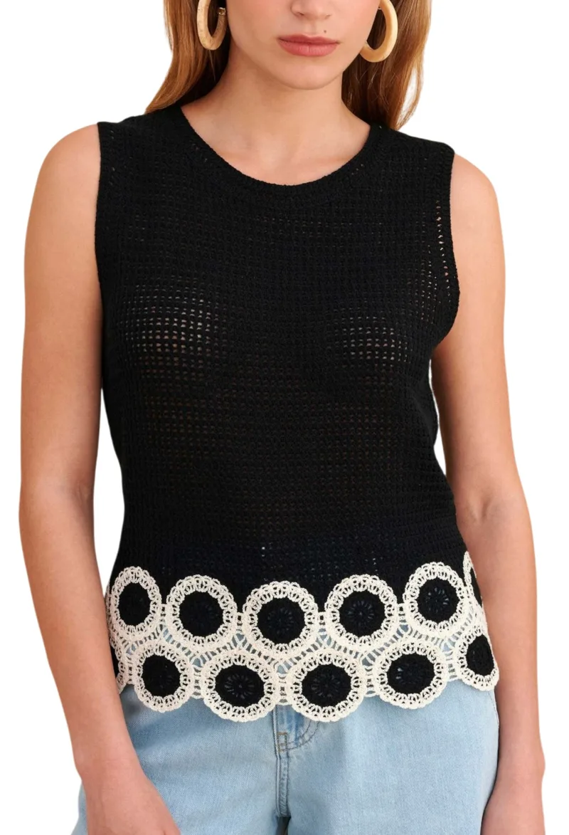 Top Attrattivo Πλεκτό Κροσέ Δίχρωμο 9923282-BLACK Γυναικείο
