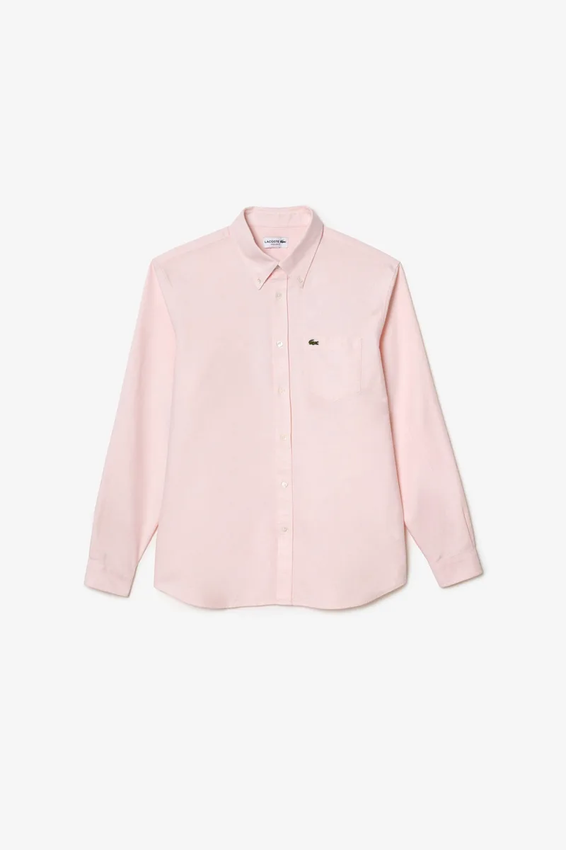 Lacoste ανδρικό πουκάμισο oxford button down με τσέπη και κεντημένο λογότυπο Regular Fit - CH1911 Ροζ