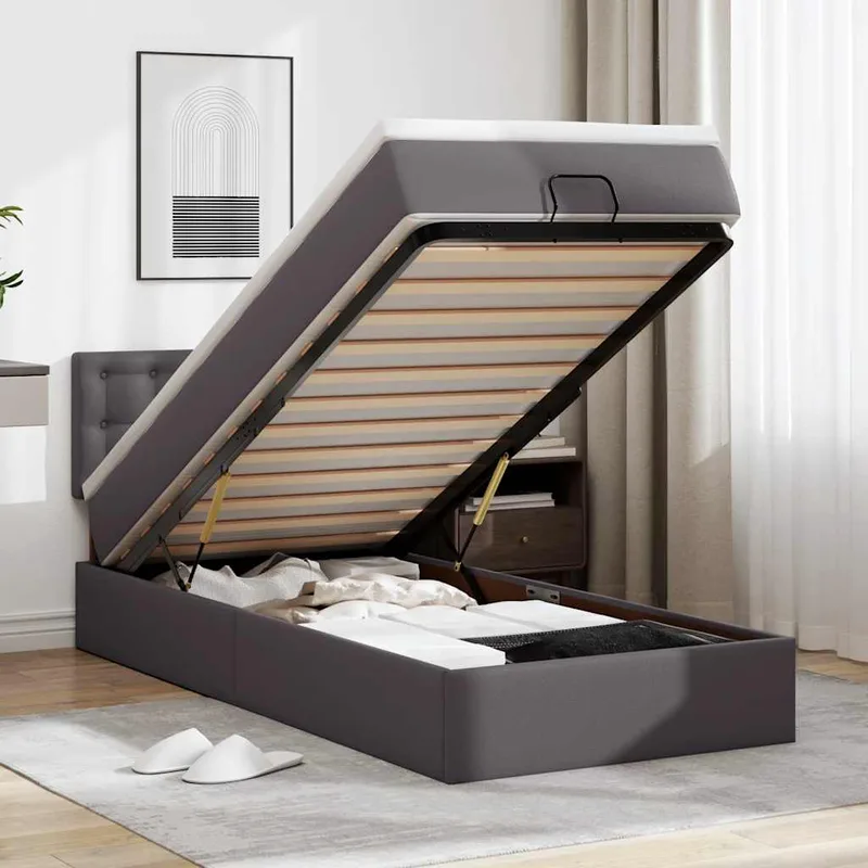 vidaXL �θωμανικ� κ�εβάτι με στ��ματα & LEDs Γκ�ι 90x200cm Faux Leather