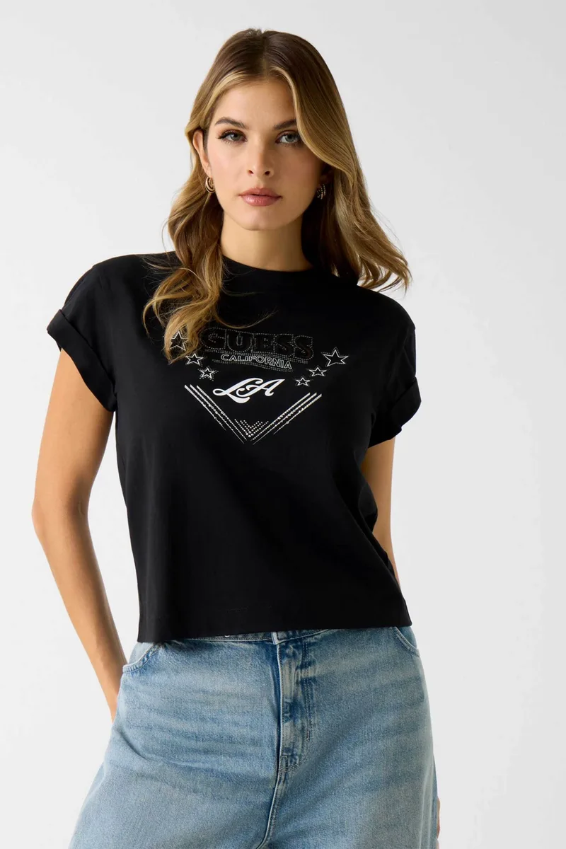 Guess γυναικείο T-shirt με λογότυπο απο στρας - W6RI30I3Z14 Μαύρο
