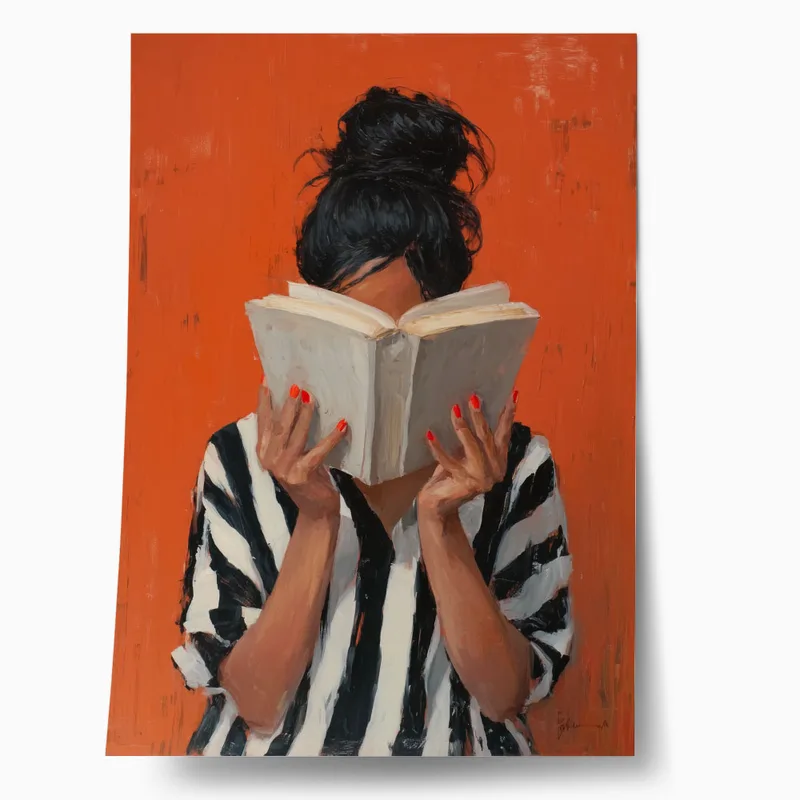 Poster AFROCENTRIC WOMAN HIDING BEHIND BOOK ORANGE