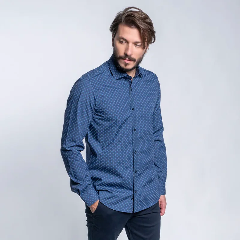 Πουκάμισο Μπλε Με Μπλε Μικροσχέδιο (Modern Fit)
