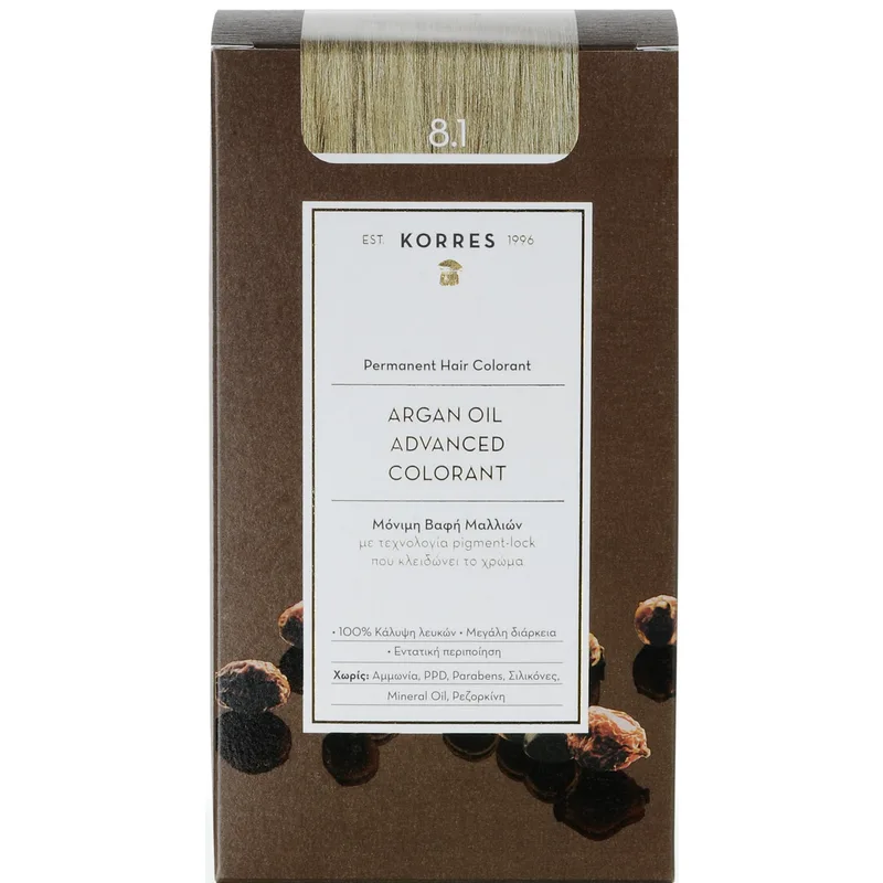 Korres Argan Oil Βαφή Μαλλιών Χωρίς Αμμωνία με Τεχνολογία Pigment-Lock που Κλειδώνει το Χρώμα 1 Τεμάχιο - 8.1 Ξανθό Ανοιχτό Σαντρέ