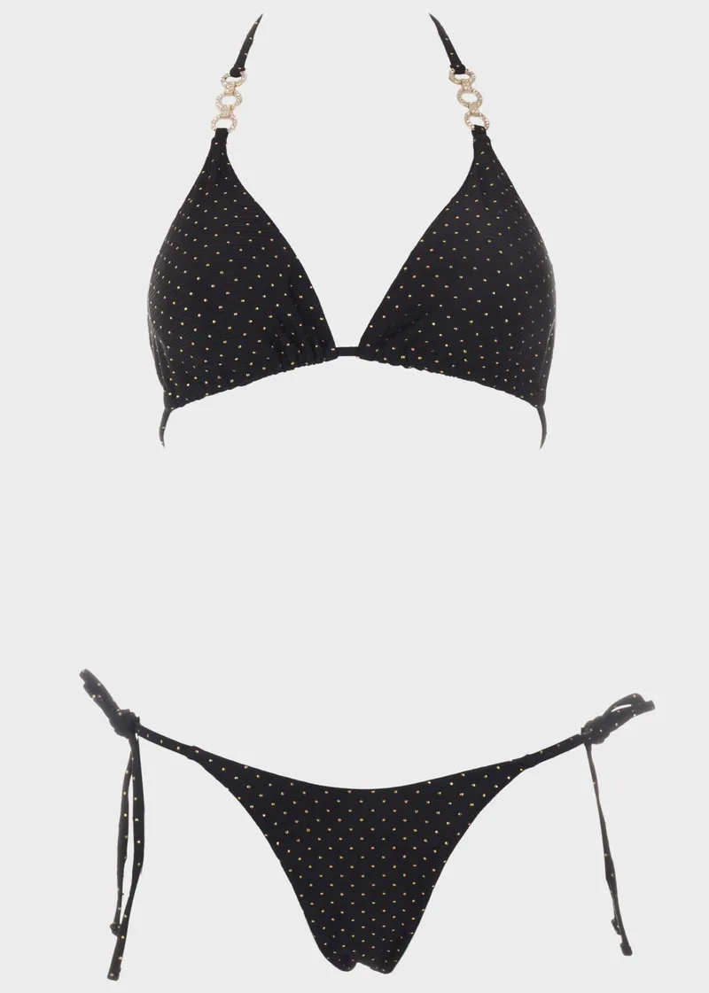 Γυναικείο σετ μαγιό bikini τριγωνάκι αποσπώμενη επένδυση διακοσμητικά τρούκς slip παρτό. Καλύπτει B CUP. ΜΑΥΡΟ