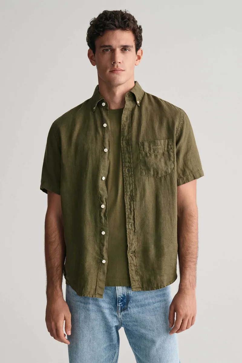 Gant ανδρικό λινό πουκάμισο button down με τσέπη και λογότυπο Regular Fit - 3240121 Χακί