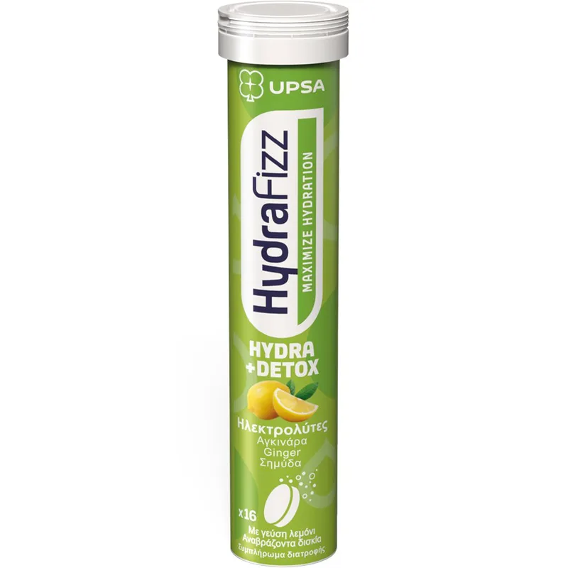 Upsa Hydrafizz Detox Hydrolytes Συμπλήρωμα Διατροφής Ηλεκτρολυτών για την Ενυδάτωση & Αποτοξίνωση του Οργανισμού με Αγκινάρα, Τζίντζερ, Βιταμίνη C & Σημύδα 16 Effer.tabs