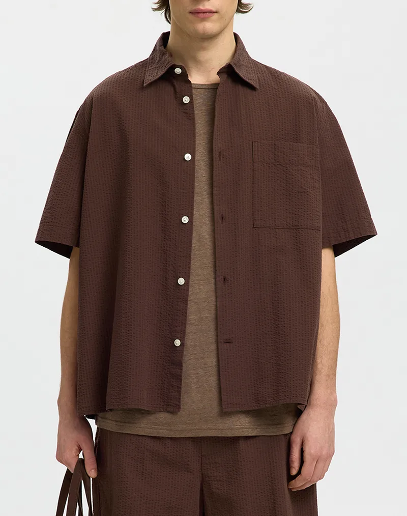 SELECTED SLHRLXSTUART SEERSUCKER SS SHIRT 16101353-Bracken Brown