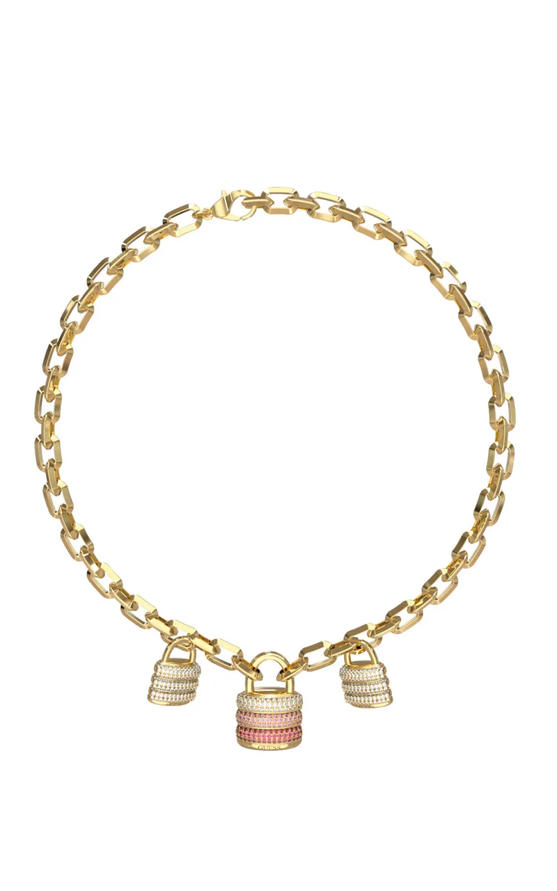 GUESS STEEL GUESS MY SECRET JUBN05403JWYGPKT/U Κολιέ Χρυσό Με Κρεμαστά Λουκετάκια Με Ροζ Και Άσπρες Πέτρες