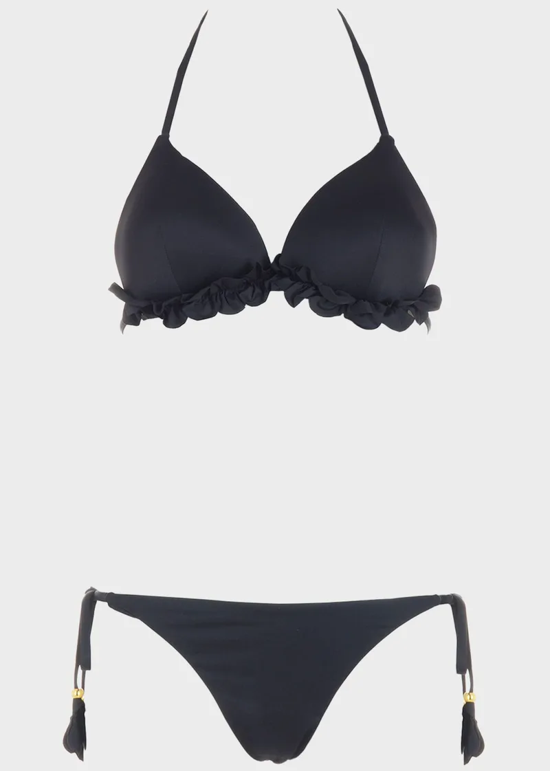 Set bikini τριγωνάκι μονόχρωμο με βολάν. Καλύπτει C Cup ΜΑΥΡΟ