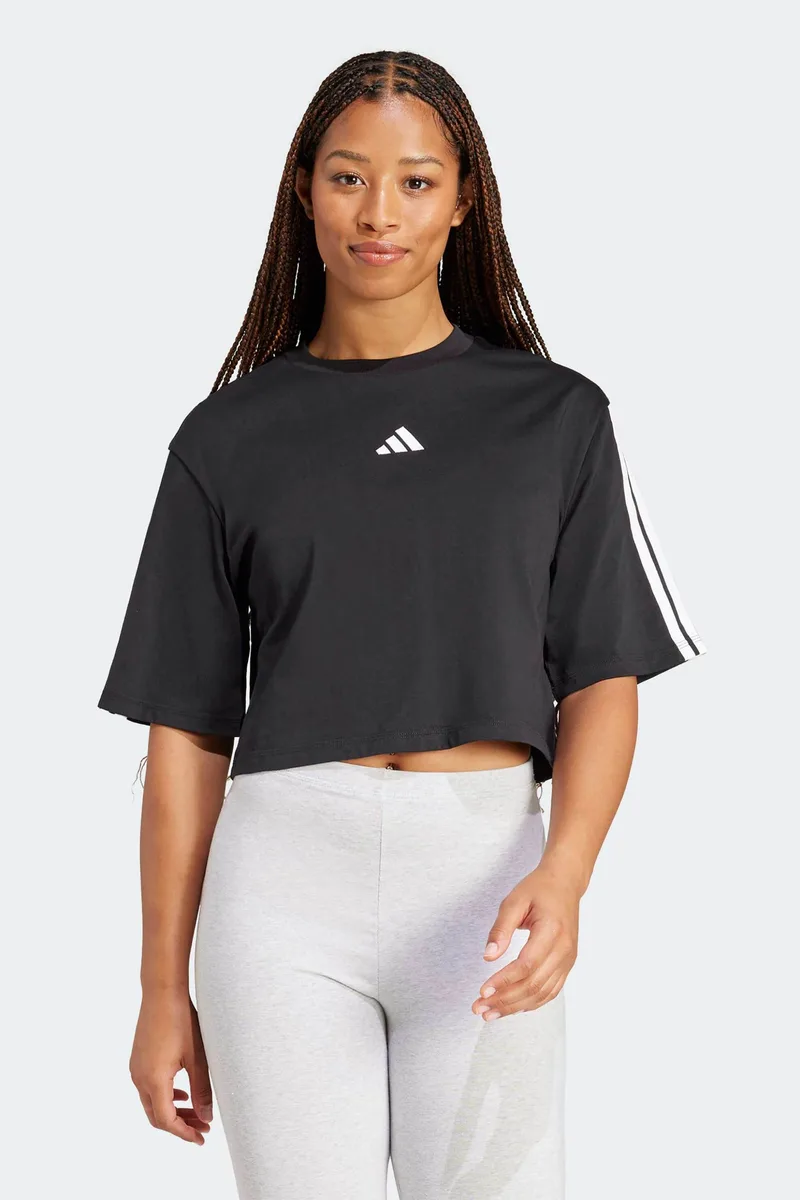 Adidas γυναικείο T-shirt cropped Loose Fit "Essential 3-Stripes Cotton" - JD4998 Μαύρο