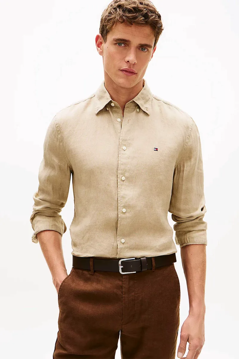 Tommy Hilfiger ανδρικό λινό πουκάμισο button down με κεντημένο logo flag Regular Fit - MW0MW41530 Μπεζ