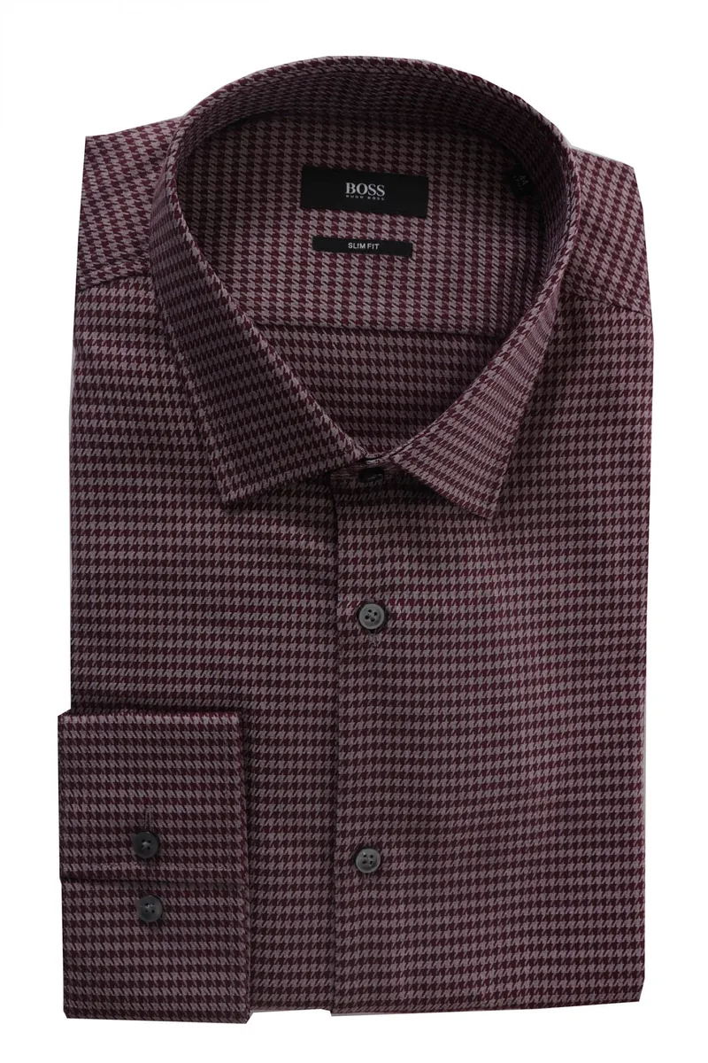 BOSS ΠΟΥΚΑΜΙΣΟ JENNO SLIM FIT ΜΙΚΡΟΣΧΕΔΙΟ ΜΠΟΡΝΤΩ