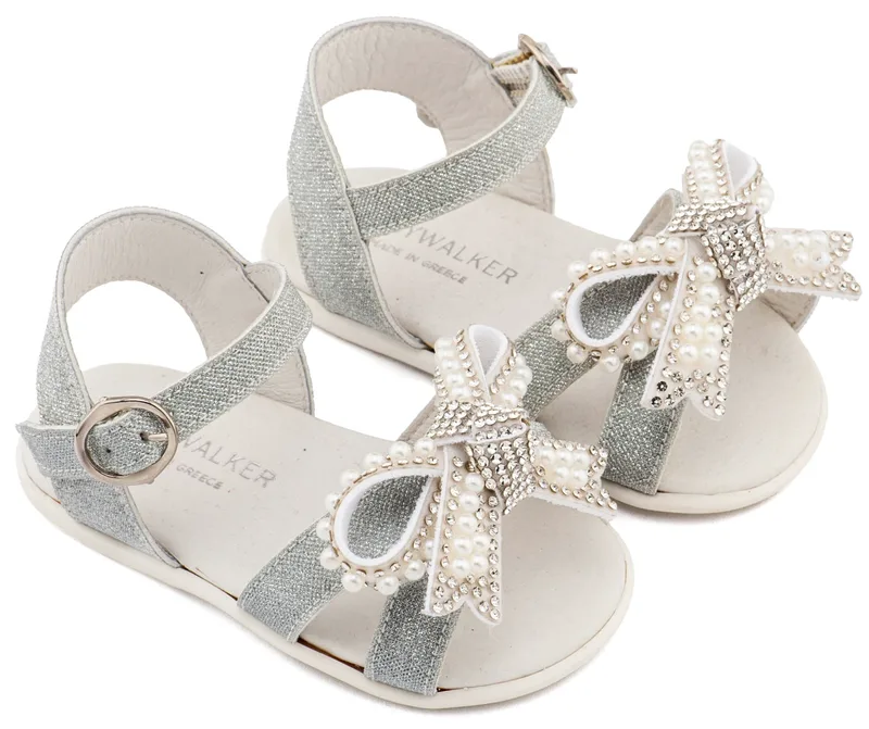 Babywalker Βαπτιστικά Πέδιλα Διακοσμημένα με Φιόγκο απο Πέρλες PRI2655 Ασημί