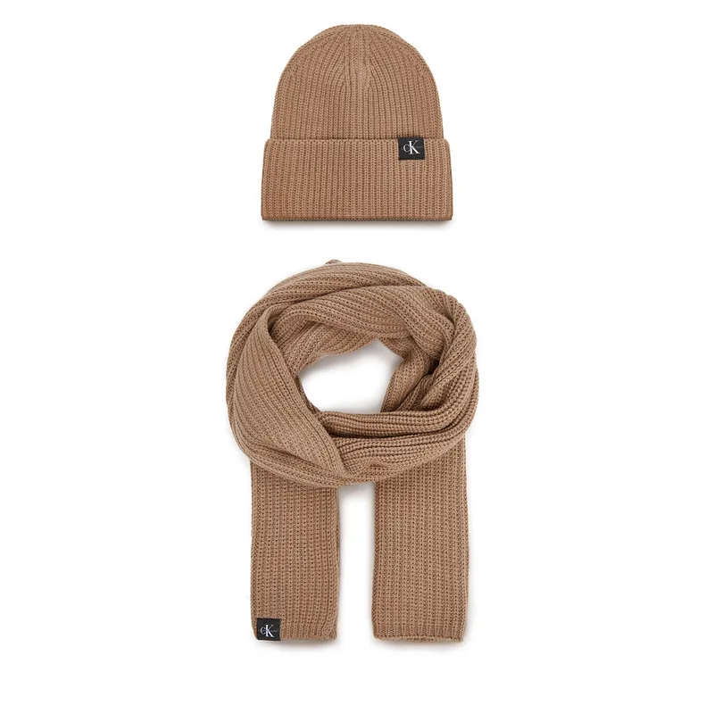 Σετ Κασκόλ και Σκούφος Calvin Klein Jeans Monogram Rib Scarf Beanie Set IU0IU00638 Καφέ