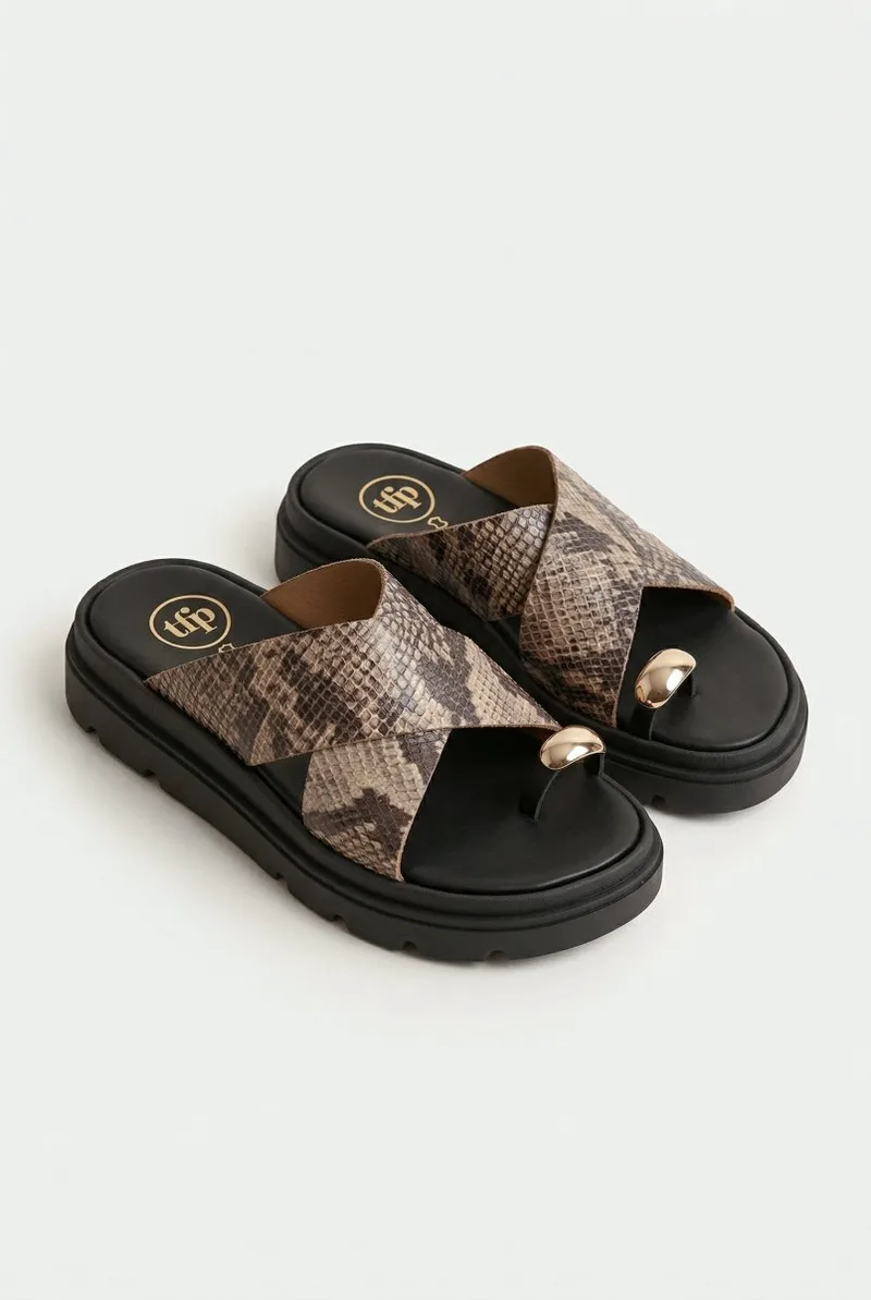 TFP Toe Ring Flatform Sandals - 4543 - Μπεζ Snake Print
