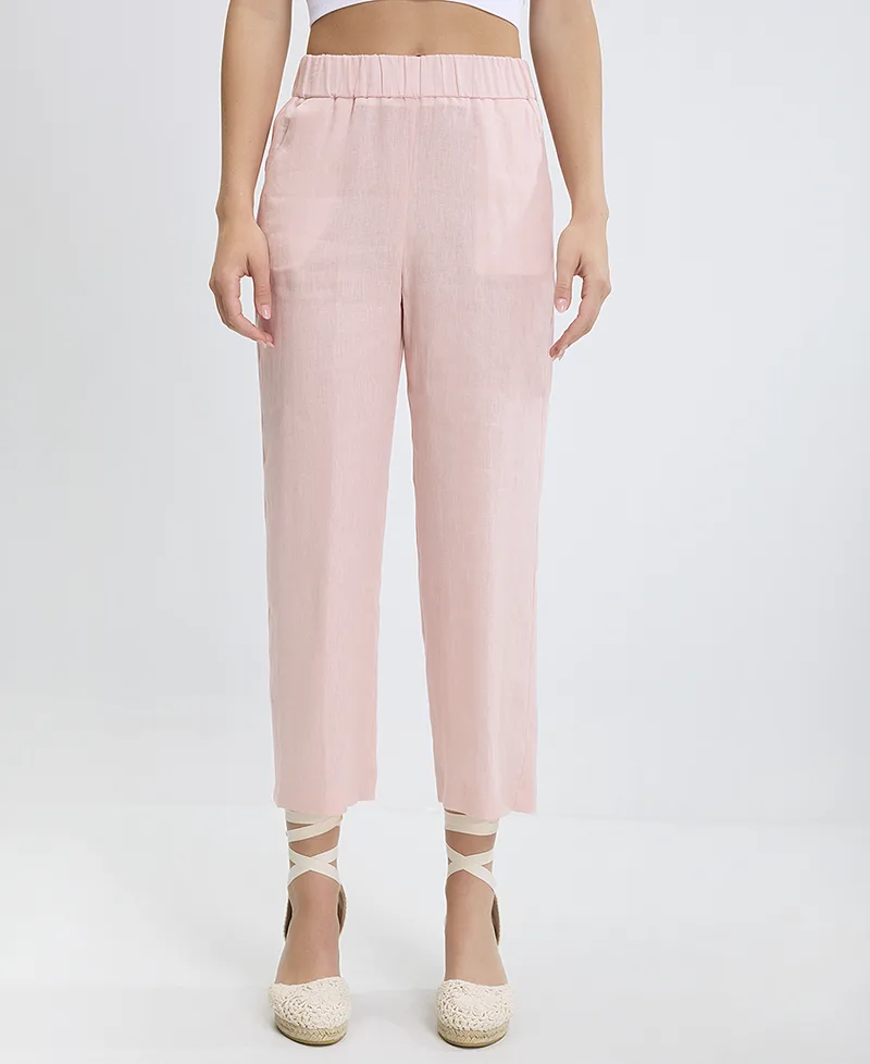 Γυναικείο Παντελόνι Λινό Cropped Straight Fit σε Ροζ