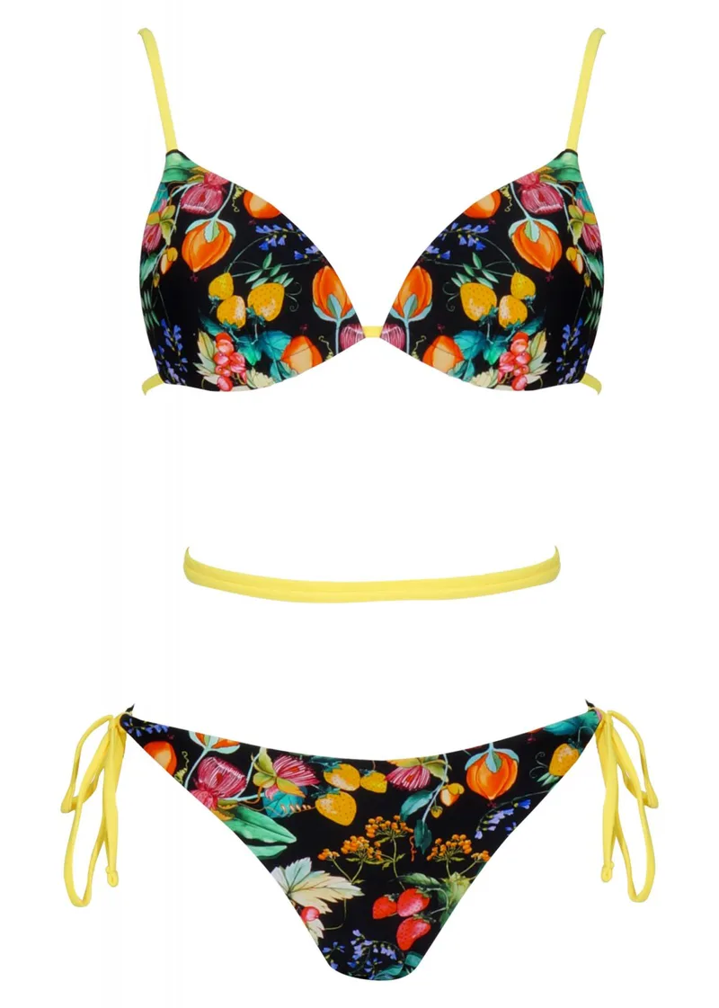 Set μαγιό floral τρίγωνο σταθερή ενίσχυση bikini κανονική γραμμή δετό στο πλάι. Καλύπτει B cup. ΜΑΥΡΟ
