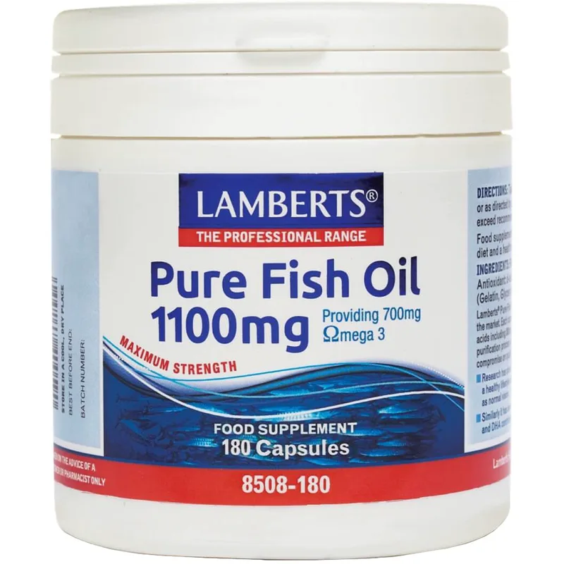 Lamberts Pure Fish Oil Συμπλήρωμα Διατροφής για την Ενίσχυση της Λειτουργίας της Καρδιάς, του Εγκεφάλου & της Όρασης 1100mg, 180caps