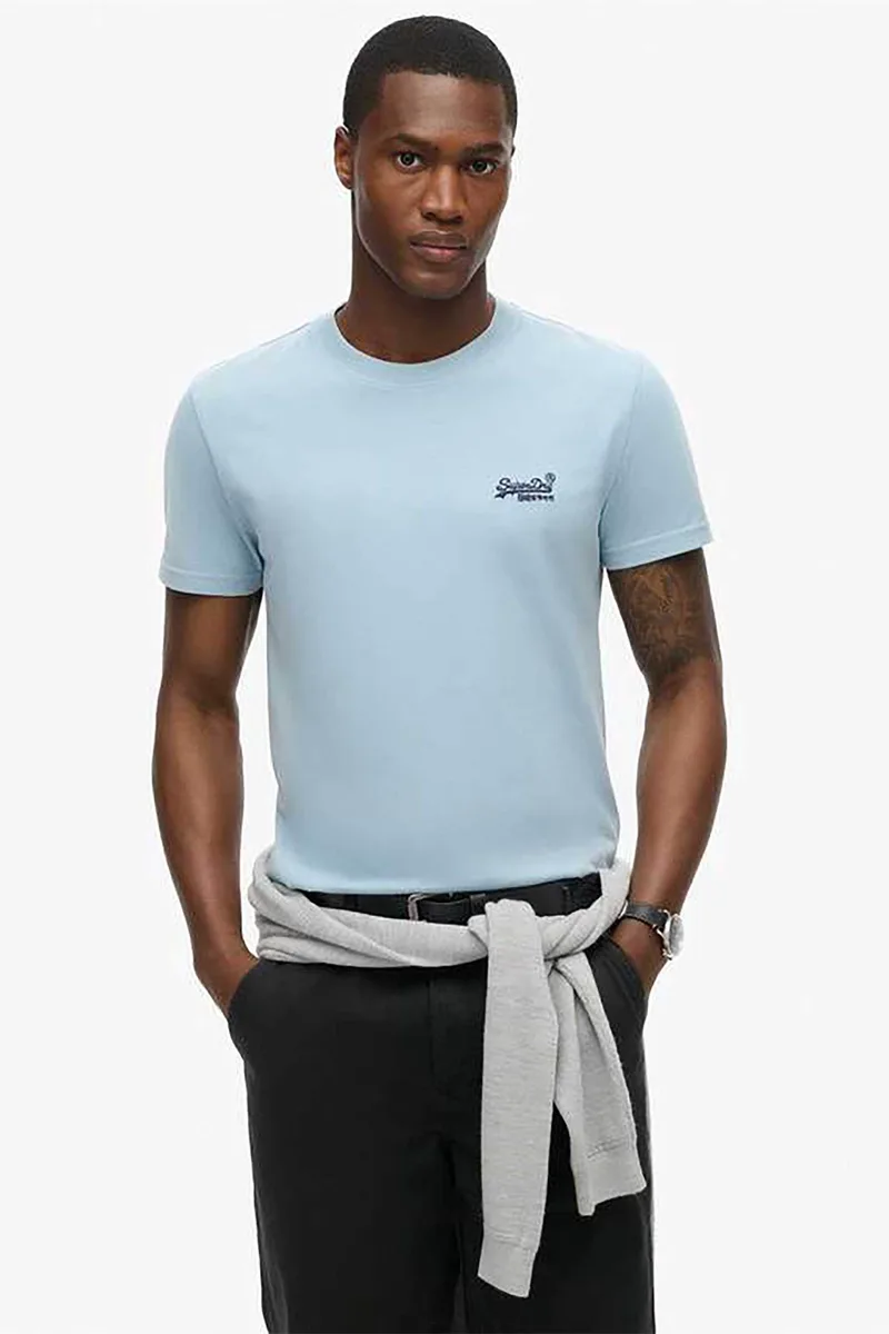 Superdry ανδρικό T-shirt με κεντημένο λογότυπο Slim Fit "Essential Logo" - M1011245A Μπλε Ανοιχτό