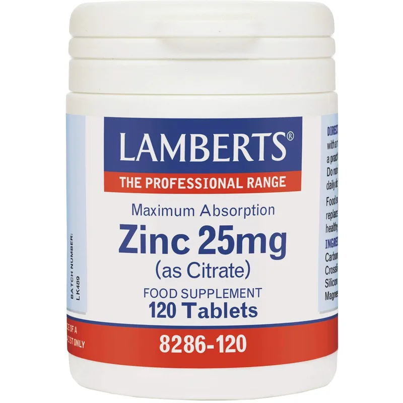 Lamberts Zinc (as Citrate) Συμπλήρωμα Διατροφής με Κιτρικό Ψευδάργυρο Υψηλής Απορροφησιμότητας για την Καλή Λειτουργία του Ανοσοποιητικού & Υγιή Μαλλιά, Νύχια & Δόντια 25mg, 120tabs