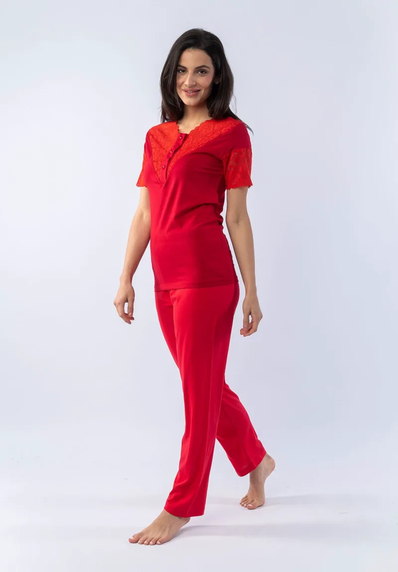 Πιτζάμα γυναικεία κοντομάνικη Modal Red Lace 72051