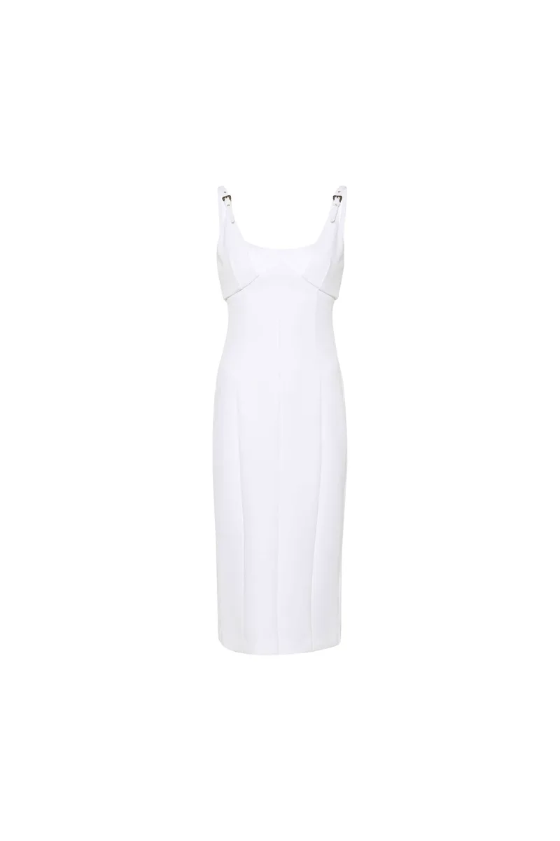 Versace Jeans Couture γυναικείο midi φόρεμα μονόχρωμο με ανάγλυφες ραφές - 76HAO919N0103 Λευκό