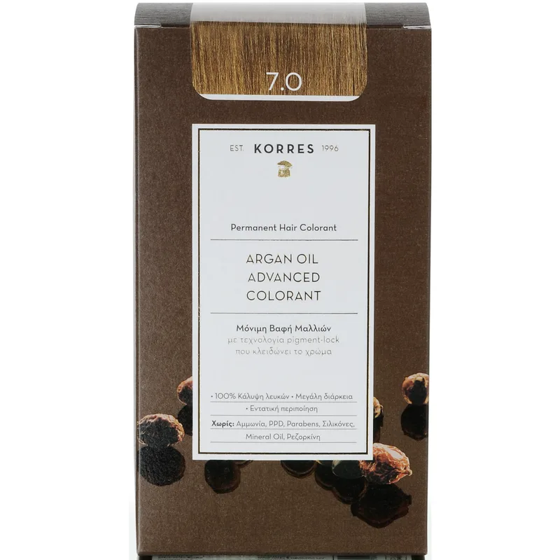 Korres Argan Oil Βαφή Μαλλιών Χωρίς Αμμωνία με Τεχνολογία Pigment-Lock που Κλειδώνει το Χρώμα 1 Τεμάχιο - 7.0 Ξανθό Φυσικό