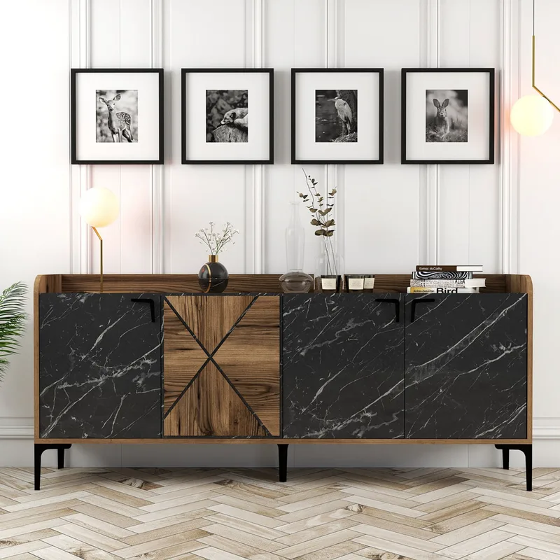 Κονσόλα Venedik - Walnut, Black Marble 845Hct5313 (180x78x35 cm)