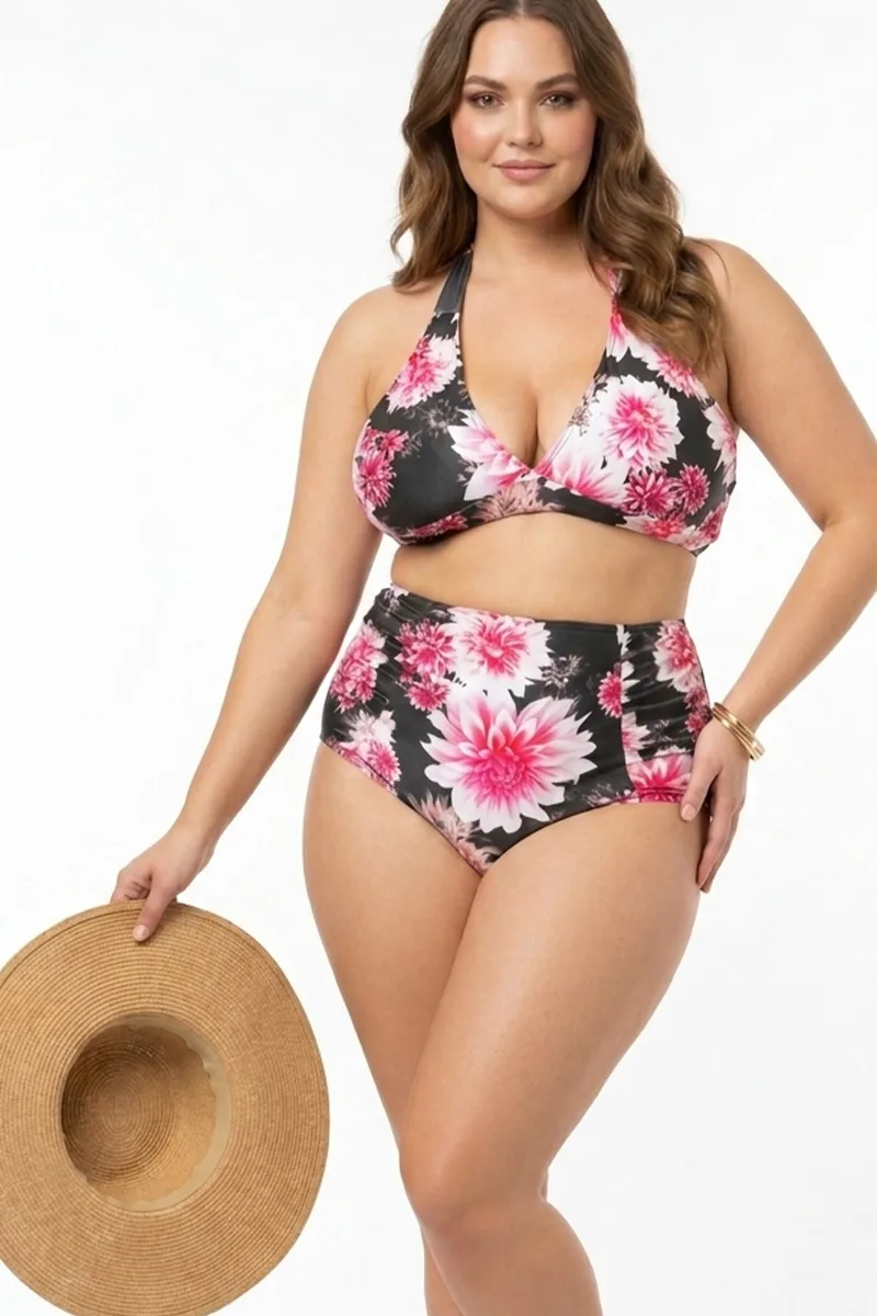 Floral bikini-top με δέσιμο στο λαιμό σε μαύρο/ροζ χρώμα