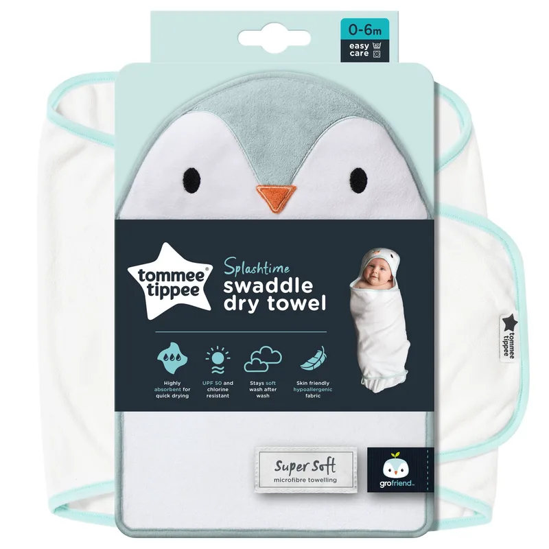 Tommee Tippee Splashtime Swaddle Dry Towel Κωδ CAA1017 Πετσέτα Μπάνιου με Κουκούλα, που Στεγνώνει Γρήγορα 0-6m 1 Τεμάχιο - Percy the Penguin