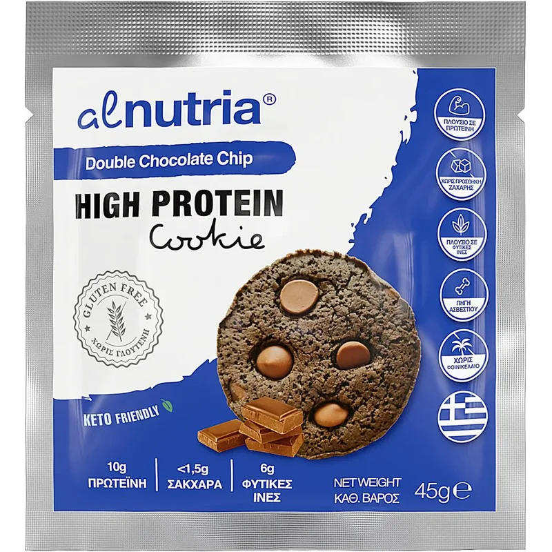 Alnutria High Protein Cookie Μπισκότο Πλούσιο σε Πρωτεΐνη & Ασβέστιο με Γεύση Σοκολάτας & Κομμάτια Σοκολάτας Γάλακτος 45g 1 Τεμάχιο - Double Chocolate Chip