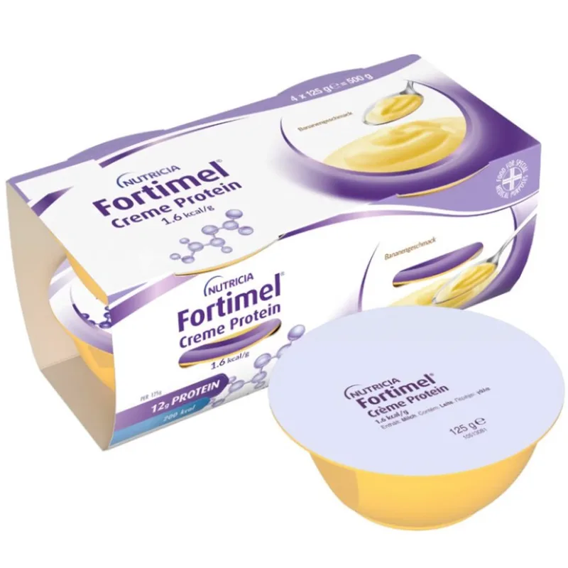 Nutricia Fortimel Creme Protein 1.6kcal/g Συμπλήρωμα Διατροφής Κρέμας Πλούσιας σε Πρωτεΐνες, Βιταμίνες & Μέταλλα για την Υποστήριξη Κατά τη Διάρκεια Θεραπείας ή Αποκατάστασης με Γεύση Μπανάνα 500g (4x125g) - Banana