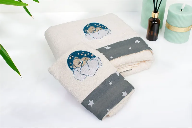 Πετσέτα Με Κέντημα Σετ 2 τεμ bebe Cloudy Bear 177 30X50,70X140 Ecru-Grey 100% Cotton
