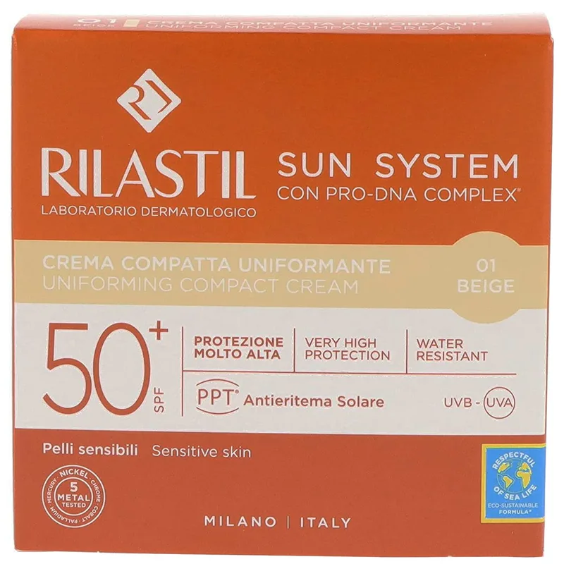 Rilastil Sun System Uniforming Compact Cream Spf50+, Αντηλιακή Κρέμα Προσώπου Πολύ Υψηλής Προστασίας με Χρώμα για Ομοιόμορφη Κάλυψη 10g - 01 Μπεζ