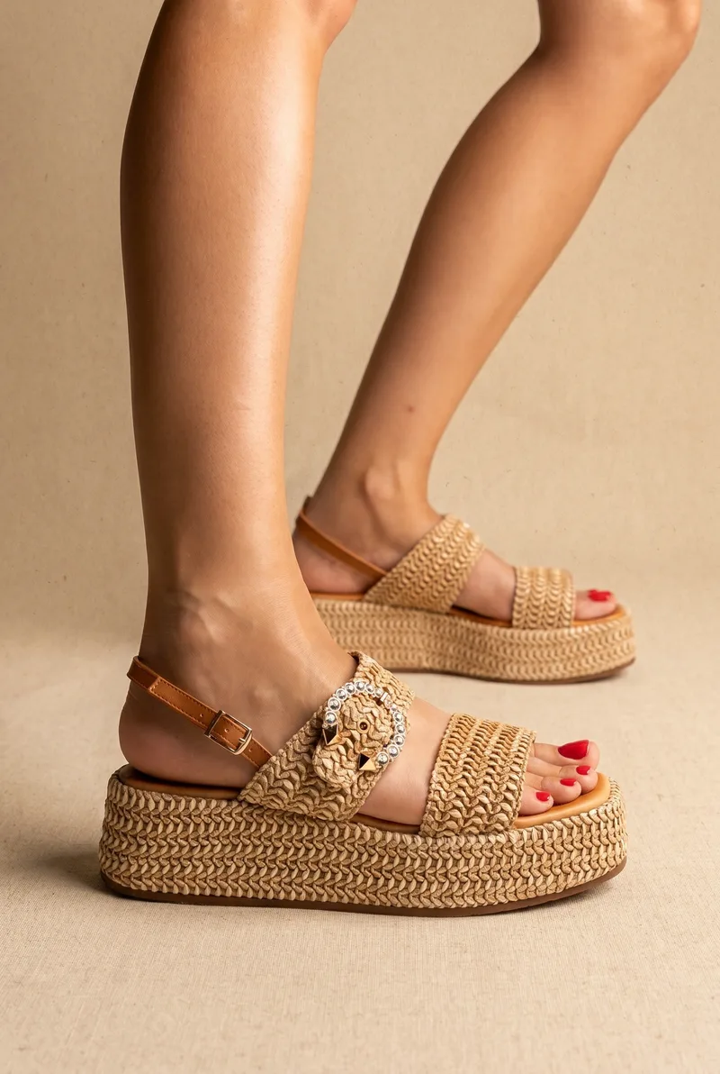 Mariella Fabiani Flatform Sandals - 2622/02 - Tan Raffia