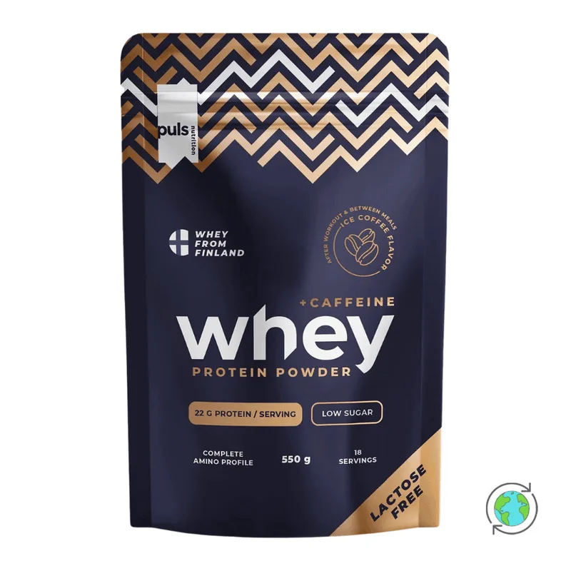 Whey Πρωτεΐνη Iced Coffee 77% Χωρίς Λακτόζη με Καφεϊνη – Puls Nutrition – 550gr Φινλανδία High Protein No Sugar Added Low Carb Gluten Free Lactose Free Palm Oil Free