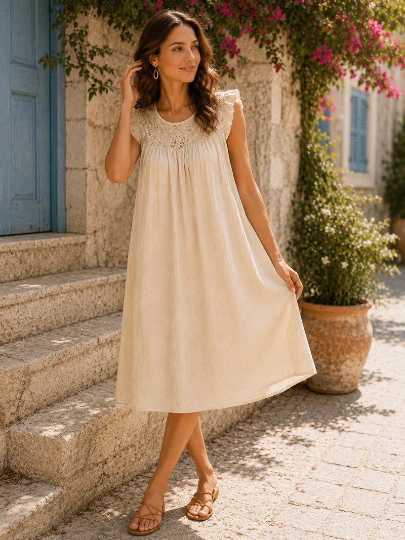Αέρινο Midi Φόρεμα Με Δαντέλα - Μπεζ | Dress Up Μπεζ