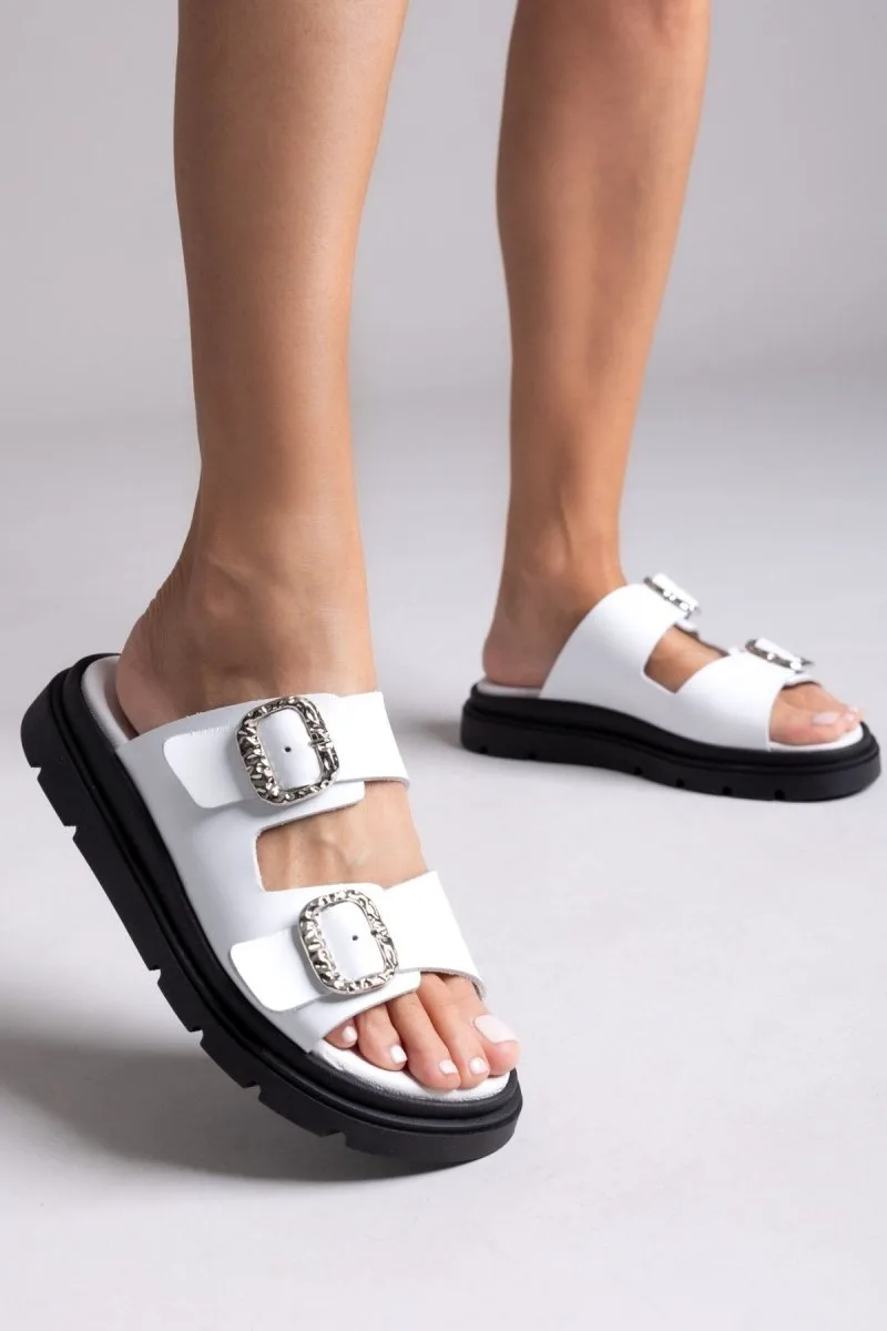 TFP Leather Flatform Buckle Sandals - 4525 - White