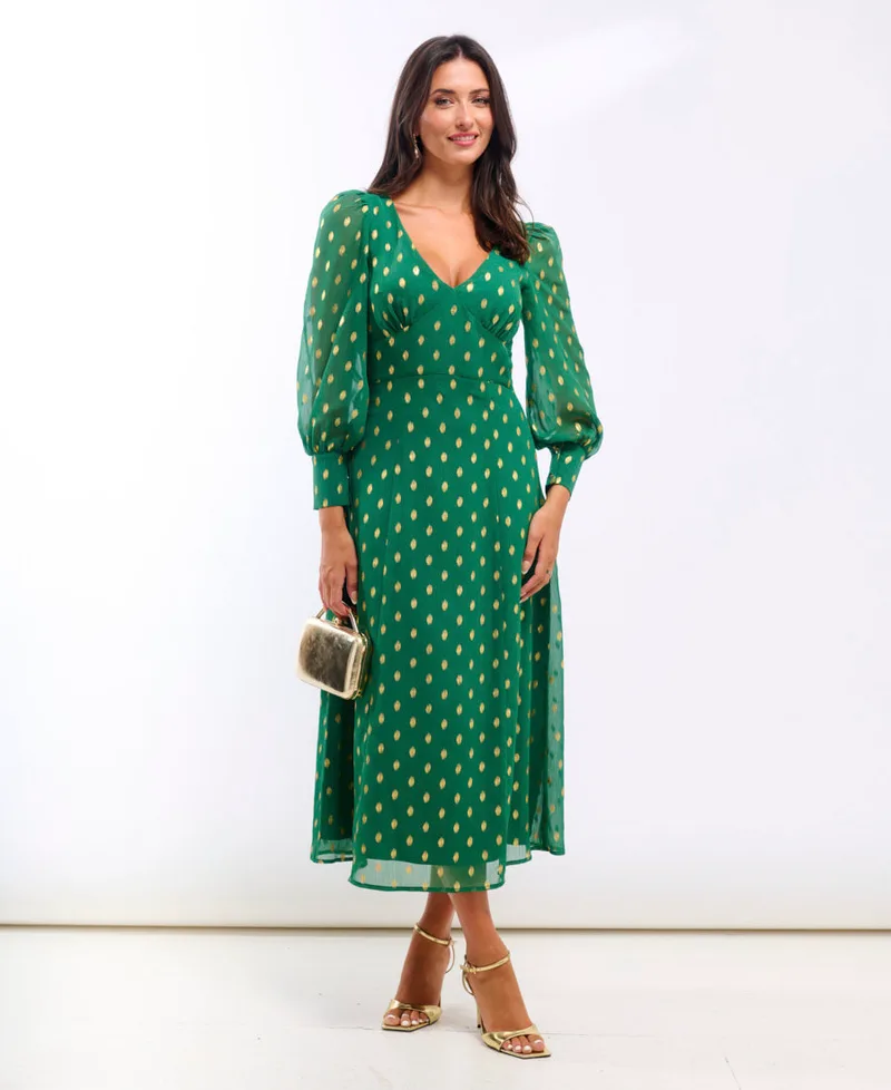 Green Foil Long Sleeve Midaxi Dress | Size: 12