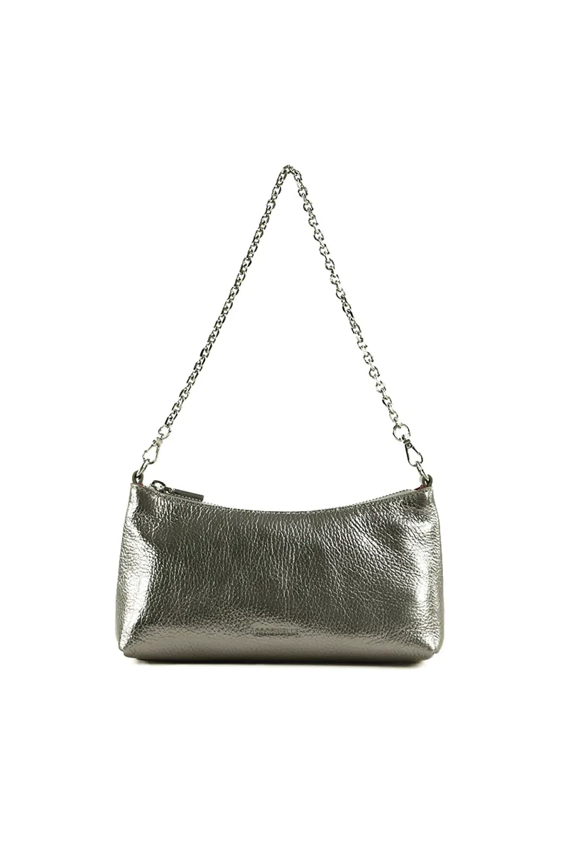 Coccinelle γυναικεία δερμάτινη τσάντα crossbody μονόχρωμη με σταμπωτό λογότυπο "Aura" - E5QH0-550101 Ασημί