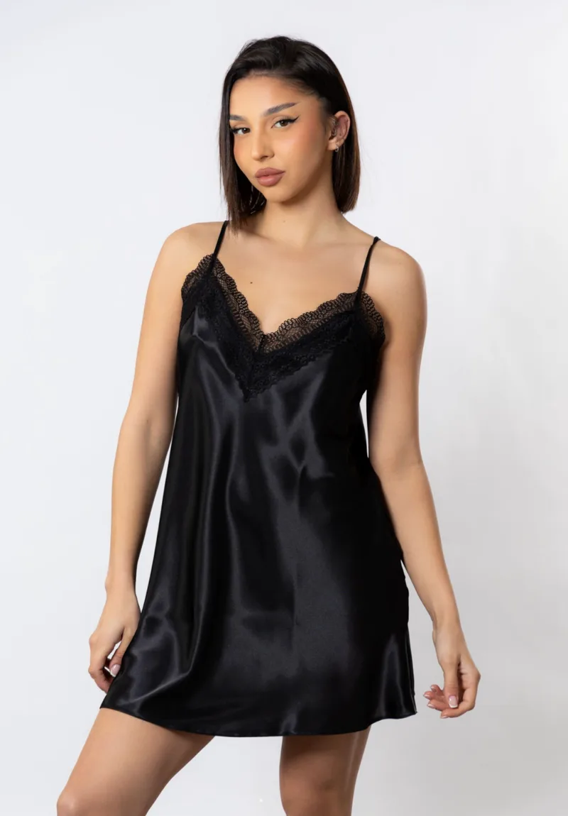 Νυχτικό σατέν Babydoll Cottonhill Lace Black CH1405-2-Μαύρο