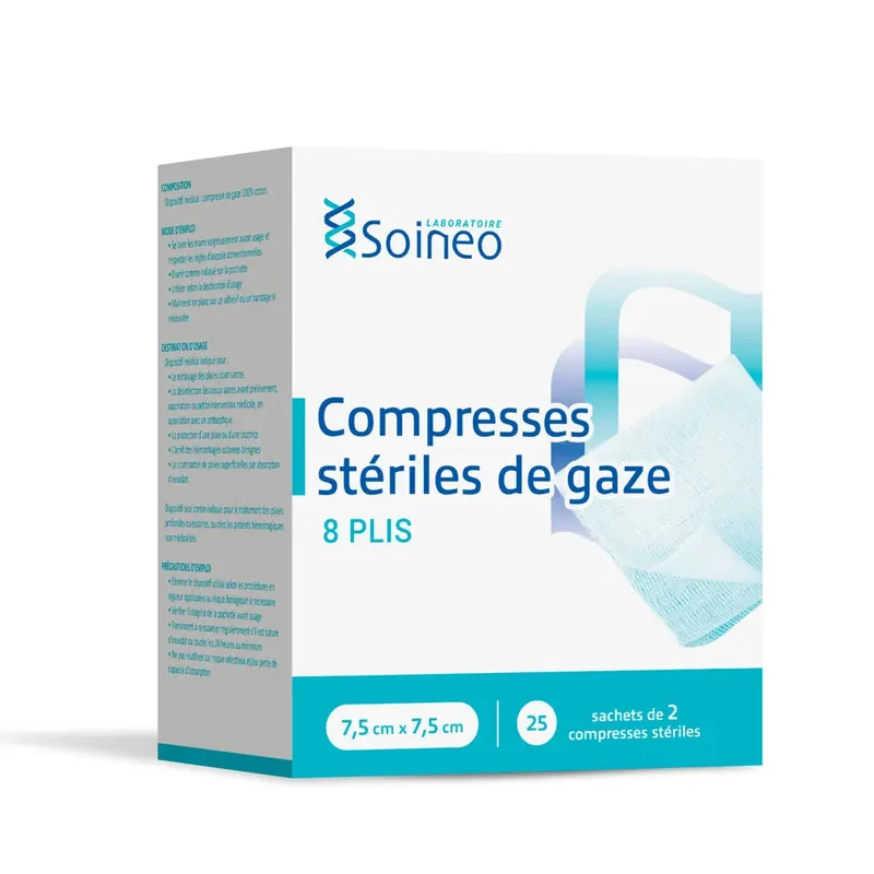 Soineo Sterile gauze compresses 8 folds 7.5x7.5cm x25 sachets of 2