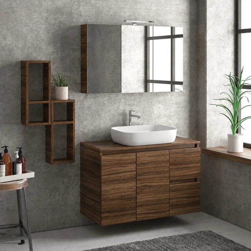 Έπιπλο με 2 Ντουλάπια & 2 Συρτάρια Arizona Noce Lirico με Top Surface (100x45.5cm) (Έπιπλο με Νιπτήρα + Ράφι + Καθρέφτη)